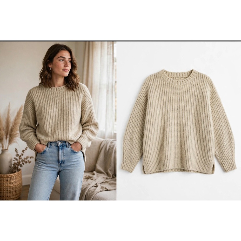 Zara Oversized Ribbed Knit Sweater Beige Oatmeal Crew Neck M-L